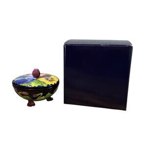 New NIB 2004 J. McCall Lidded Trinket Candy Dish Blue Skys Pansy & Rose Flowers